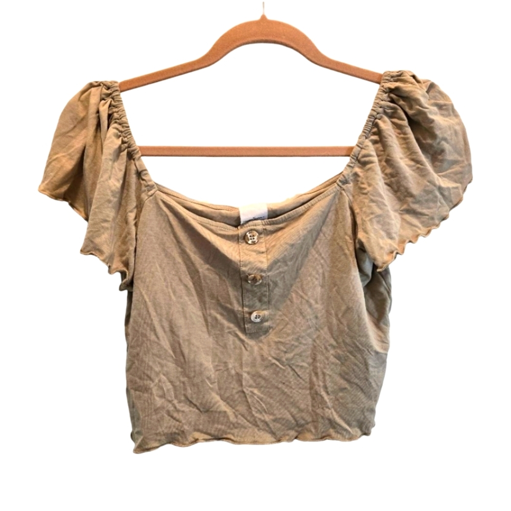 NWOT Project Social T Top XS Green Puff Sleeve Button Cropped Cotton Lettuce